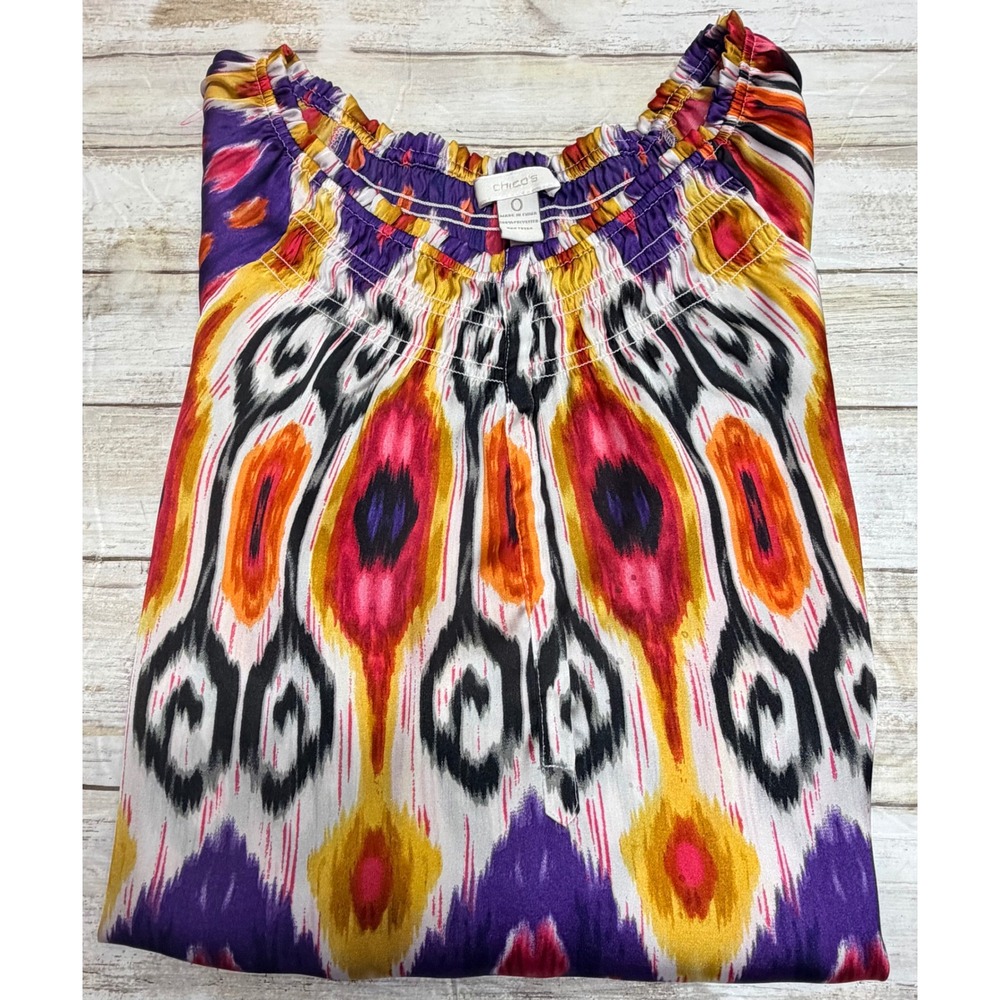 Chicos Ikat Print Smocked Neck‎ Blouse Purple Orange Size 0(U.S 4) 3/4 Sleeve